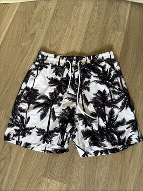 Men's Black & White Palm-Print Swim Trunks